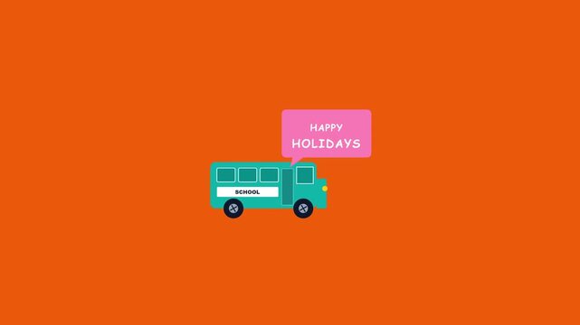 Animated Teal Bus Delivering Happy Holidays Greeting Message on Orange Background.