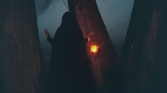 Mystery person back view, gothic woman ghost queen in dark dense fog forest hands hold lantern lamp illuminating way with light. long black dress cape. Fantasy elf girl got lost in night wood trees.