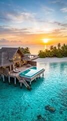 Fototapeta premium Stunning overwater villa at sunset embraced by crystal clear turquoise waters and a tropical paradise setting