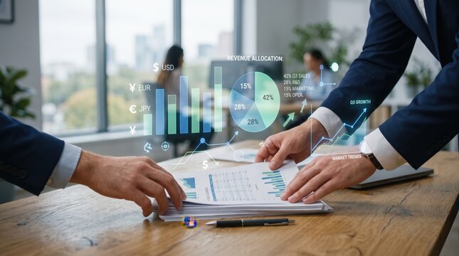 Hands reviewing revenue allocation charts and financial report on wooden table, business strategy and investment planning concept
