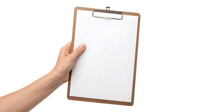 A hand holds a blank clipboard for concept of data entry and information.