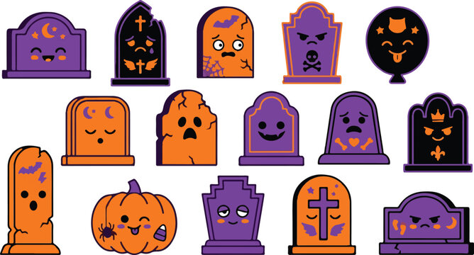 Set of cute cartoon tombstones and a pumpkin character for halloween decorations and spooky holiday sticker designs