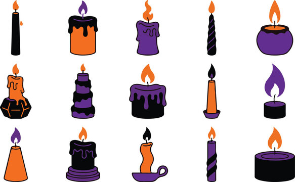 Set of various decorative halloween candles with orange and purple wax flames and spooky designs on white background