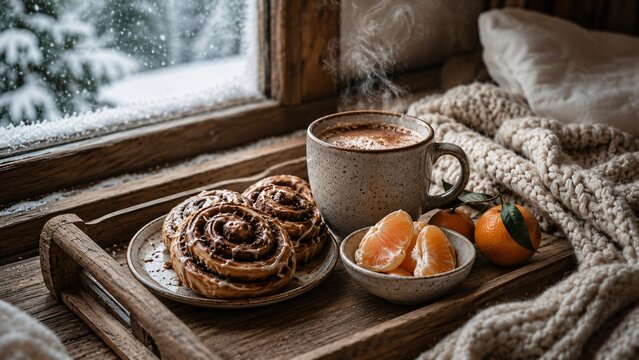 Hot cocoa with cinnamon roll and mandarin on wooden tray by window during winter. Cozy morning at home. Relaxing atmosphere, breakfast in bed, seasonal holiday mood and comfort.