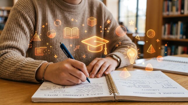 Student writing notes in a notebook at a library desk surrounded by glowing holographic icons representing education, learning, innovation, and academic success concepts.