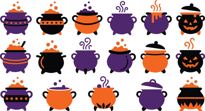 Set of various halloween witch cauldrons with magical potions and bubbling liquids in purple and orange colors