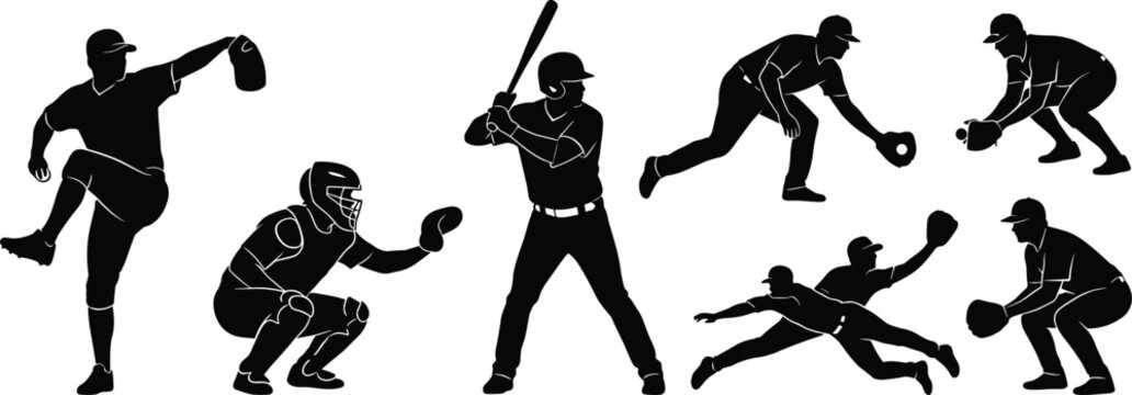 Baseball player silhouettes vector set featuring pitcher batter catcher and fielders in action poses