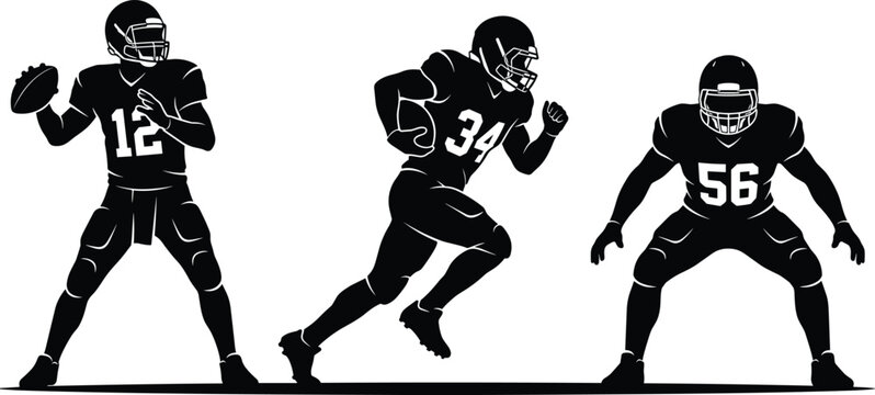 American football player silhouettes set featuring quarterback running back and defender positions