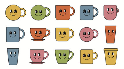 Mugs decorated with cheerful cartoon faces provide a whimsical aesthetic for kitchenware and beverage brand concepts.