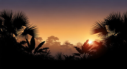 Obraz premium Pixel art sunset landscape with silhouettes of trees