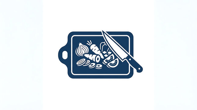 Minimalist vector icon representing chopping board with fresh vegetables and sharp kitchen chef knife