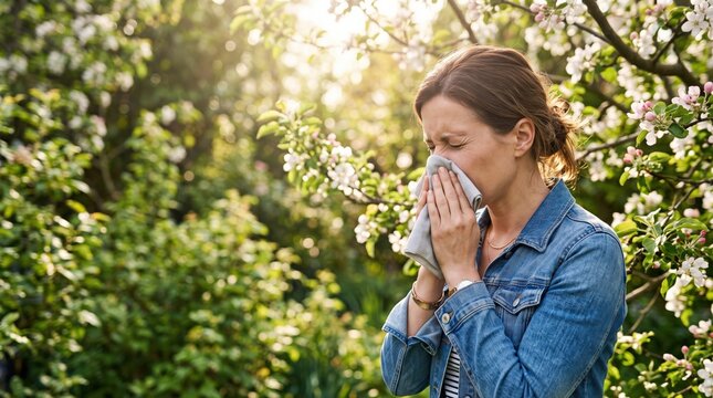 A woman sneezes into a tissue, experiencing hay fever symptoms outdoors amidst vibrant spring blossoms. It's ideal for healthcare, allergy relief advertising, or seasonal health content.