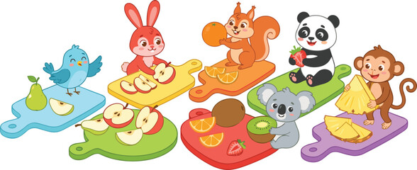 Obraz premium Cute cartoon animals slicing fresh colorful fruits on chopping boards vector illustration isolated on white background