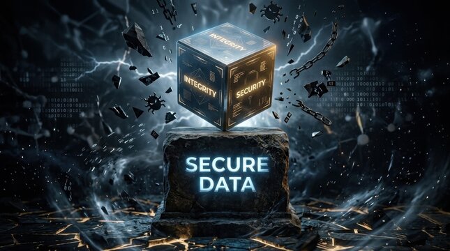 Glowing digital cube with Integrity and Security labels balances on Secure Data stone pedestal amid dark background with binary code, broken chains, and malware icons.