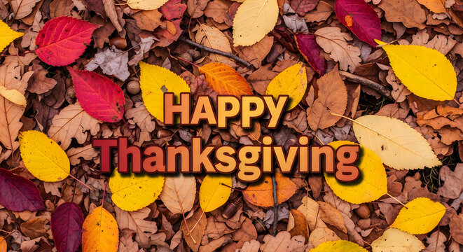 Happy thanksgiving day greeting card featuring a vibrant background of colorful fallen autumn leaves on the ground