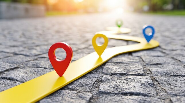 A winding yellow path with colorful map pins marks a journey on a cobblestone surface. Use for strategic planning, business goals, or digital navigation applications.