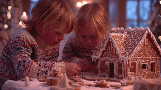 children decorating gingerbread house