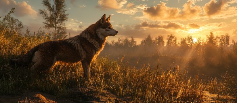 Majestic Wolf Standing in Golden Sunset Field