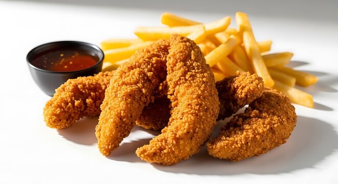 Crispy Chicken Tenders with Fries: Delicious, golden-brown fried chicken tenders are served alongside a generous portion of crispy french fries and a small dipping sauce.