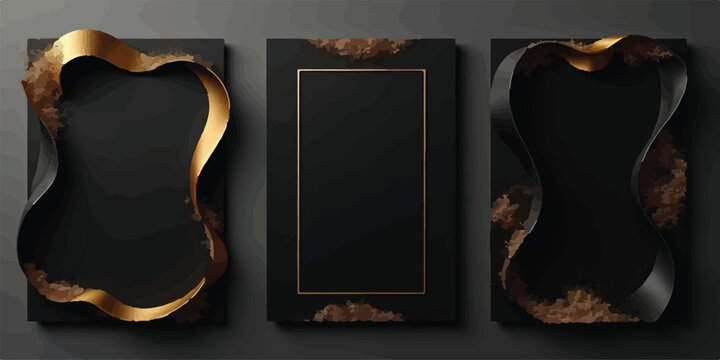 Decorative triptych of black panels featuring artistic flowing gold wave borders and dark elegant framing elements background template metallic vertical abstract minimalist sophisticated