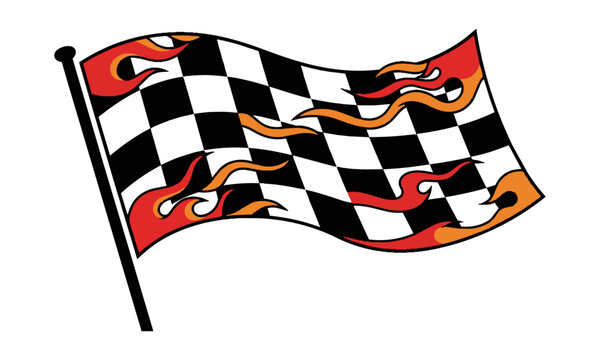 Bold checkered racing flag with stylized flame motifs and dynamic curves suggesting motion isolated on a white background. Motorsport speed concept