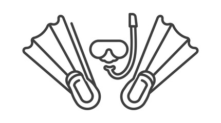 Snorkeling gear featuring a pair of rubber flippers and a diving mask with a breathing tube is displayed as a simple line art graphic for travel and leisure. © kwita