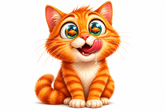 Cute Hungry Ginger Cat Licking Lips with Fish Reflection in Big Eyes Cartoon Illustration