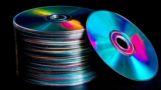 Stack of Shiny Rainbow Colored CDs and DVDs Reflecting Light on a Dark Background