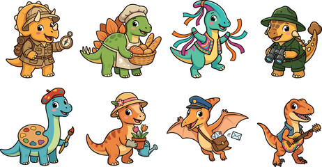 Cute Dinosaur Cartoon Characters Vector Set with Fun Occupations and Hobby Illustrations © Moyuri