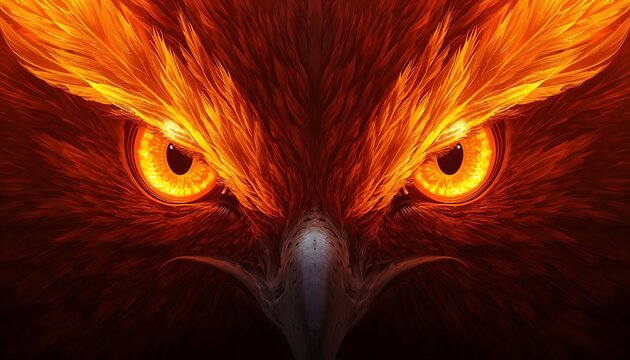 Cinematic close-up portrait of a majestic mythical phoenix bird face with glowing orange fiery eyes, detailed feathers, and dramatic lighting