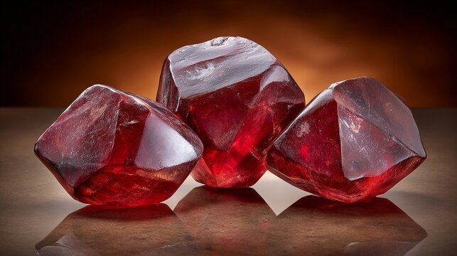 Three raw, deep red ruby gemstones with sharp crystalline structures reflecting light on a textured surface