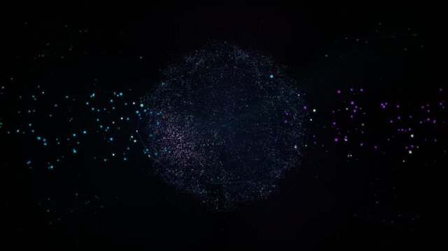 Machine Learning Data Sphere Nebula of Dots with Glowing Particle Sphere, Bright dots waves and ripples. 