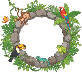 Tropical jungle animals cartoon round stone frame vector illustration with monkey parrot toucan isolated on white