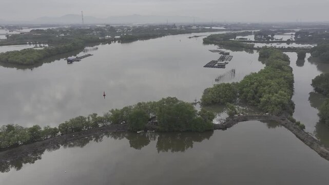view of oyster farming rafts on the river in Long Son, near Ho Chi Minh City, Vietnam.