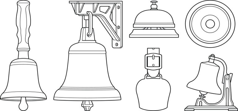 Vector outline illustration set of various bells including hand bell, wall bell, and service bell.