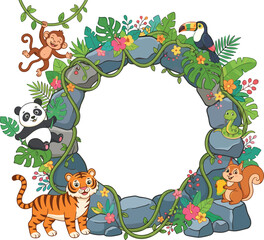 Fototapeta premium Cute jungle animals cartoon stone round frame vector illustration with tiger monkey panda isolated on white
