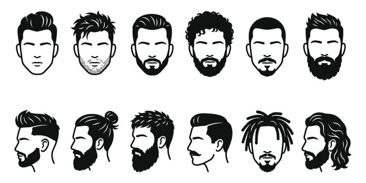 A collection of various male hairstyles and beard styles featuring different grooming trends for men presented in a clean black and white illustration