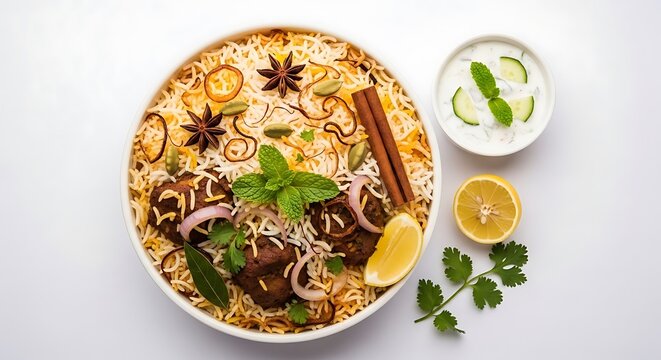 Aromatic Lamb Biryani with Raita: A delicious and fragrant plate of lamb biryani, garnished with fresh mint and spices, served alongside a cooling raita and a lemon wedge.