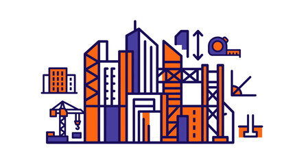 Obraz premium Modern Cityscape Construction Illustration with Blueprints and Tools