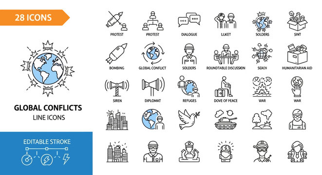 Global Conflicts Line Icons Vector Collection Addressing International Issues, Diplomacy, Peace, and Social Challenges with Editable Stroke Design Elements