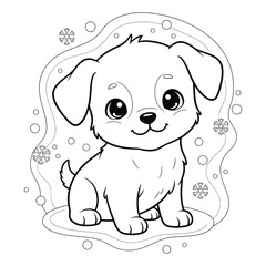 Fototapeta premium Cute Winter Puppy Coloring Page – Adorable Cartoon Dog Line Art with Snowflakes – Kawaii Pet Illustration for Kids Activities and Printable Coloring Books 