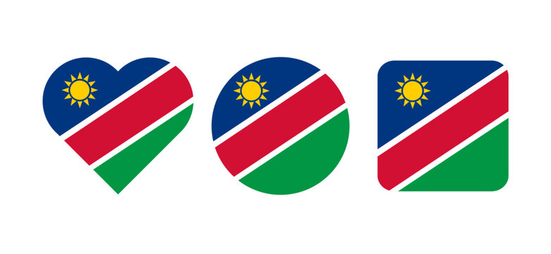 Namibia flag vector icon set representing patriotism. Namibian flag in the shape of heart, circle and rounded rectangle. Icon design. 