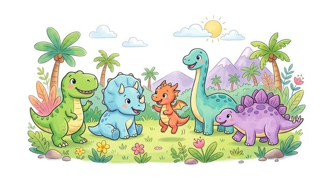 Cute watercolor illustration of a group of friendly dinosaurs in a prehistoric jungle setting for children nursery decor