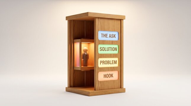 Wooden elevator model with a figure and business labels representing the elevator pitch concept, 3D illustration