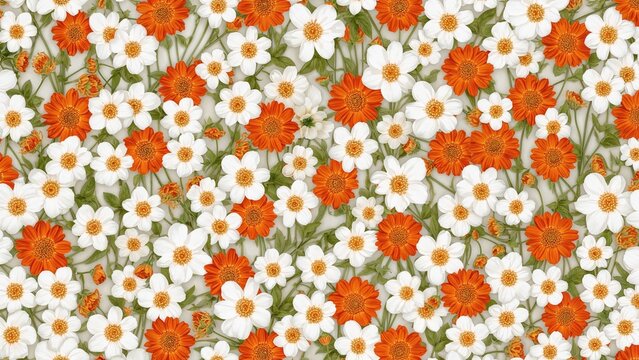 A field of white and orange daisies with green stems and leaves densely packed together. Flowers in vibrant colors creating a lively floral pattern.