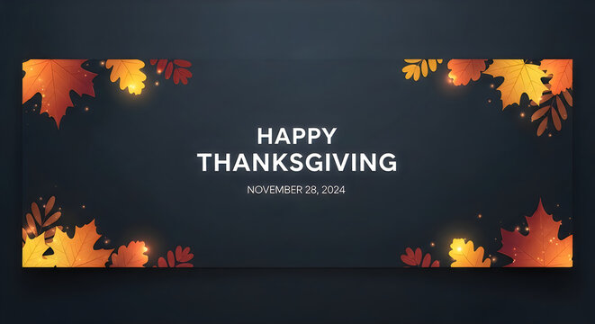 Happy thanksgiving day greeting card design with colorful autumn maple leaves on a dark background