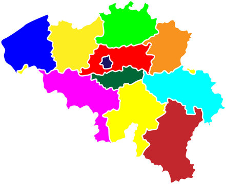 Colorful belgium map showing regional provinces on white background