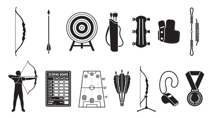 Archery equipment icons set, professional bow and arrow silhouette collection, target shooting sport gear and competition accessories vector © Anika
