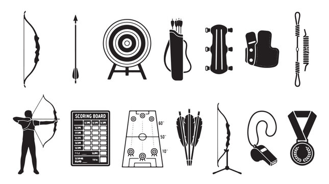 Archery equipment icons set, professional bow and arrow silhouette collection, target shooting sport gear and competition accessories vector