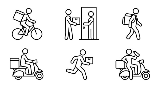 Food delivery man and courier service icon set vector illustration. Courier on bicycle, scooter, running, doorstep delivery and drinking water.